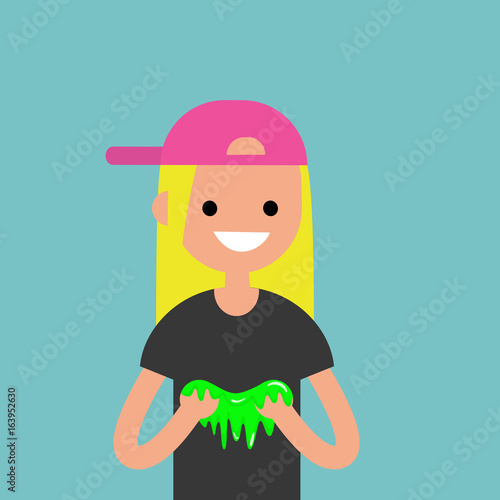Young female character playing with a slime / flat editable vector illustration, clip art