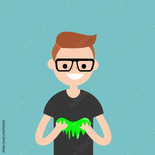Young character playing with a slime / flat editable vector illustration, clip art