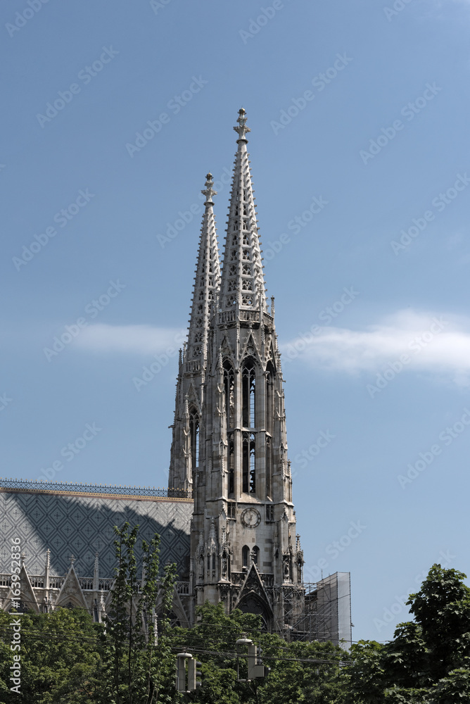 The two towers of the Neo-Gothic votive church (Votivkirche) in Vienna, Austria