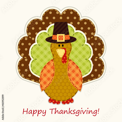 Cute Thanksgiving turkey as retro fabric applique in traditional colors