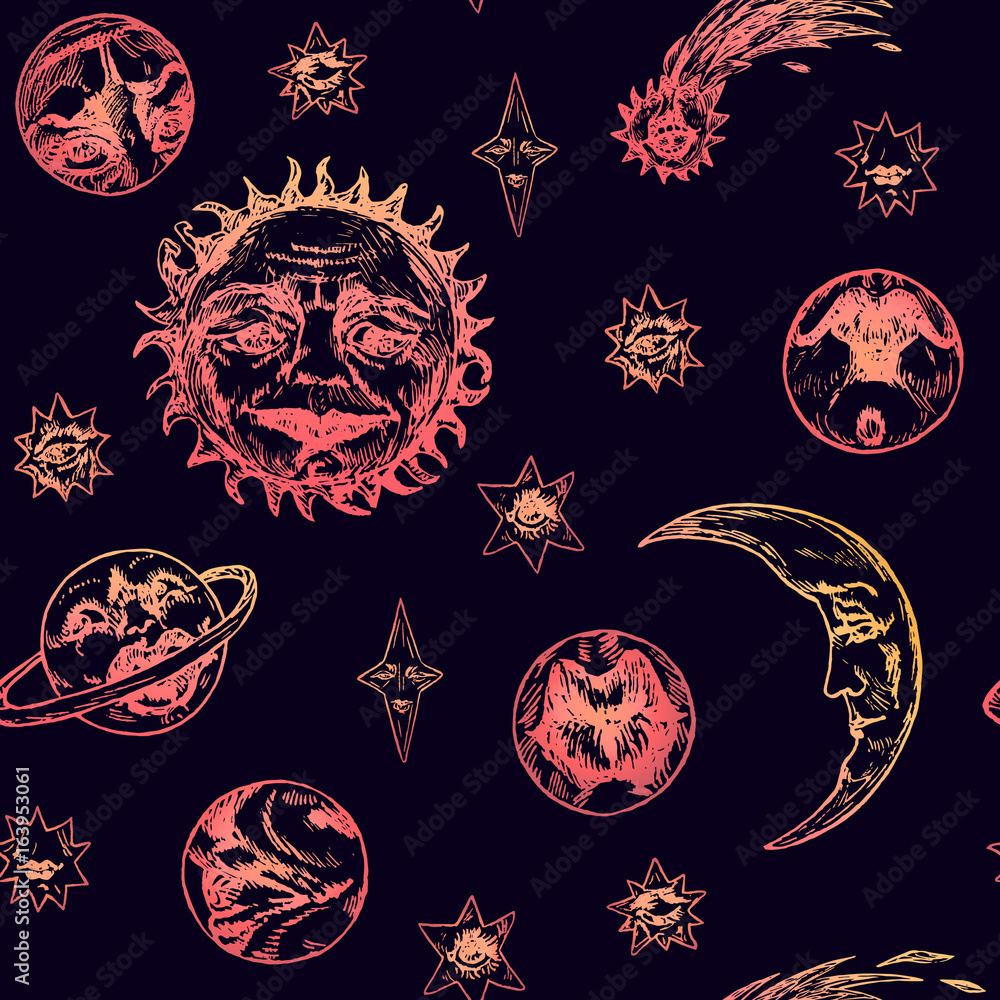 The sun with wrinkled face of a wise old man, young moon, planets, comet and stars of different shapes with mysterious faces, woodcut style design, seamless pattern design, black background The sun with wrinkled face of a wise old man, young moon, planets, comet and stars of different shapes with mysterious faces, woodcut style design, seamless pattern design, black background