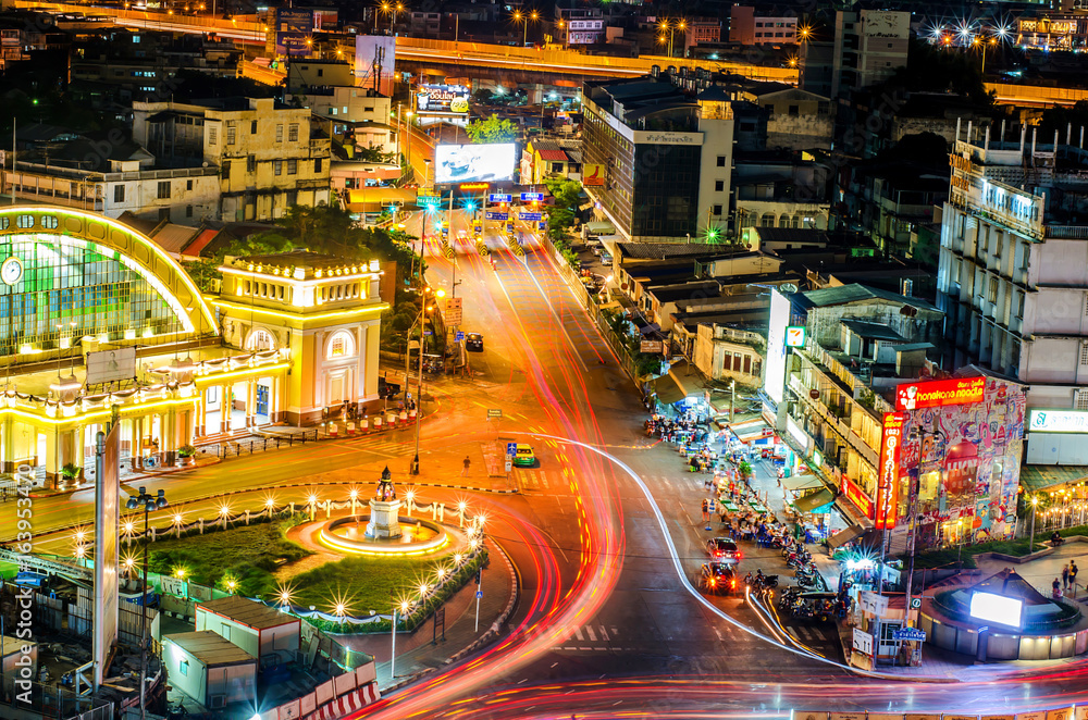 Hualampong, the central train station in Bangkok, Thailand,with night light decoration under cloudy twilight sky. Hualampong, the central train station in Bangkok, Thailand,with night light decoration under cloudy twilight sky.