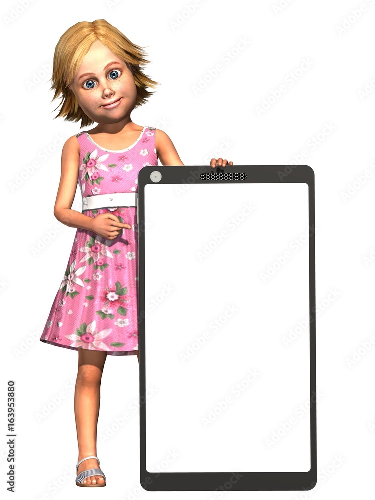 Little girl with a big empty mobile phone on a white background - 3d render Little girl with a big empty mobile phone on a white background - 3d render