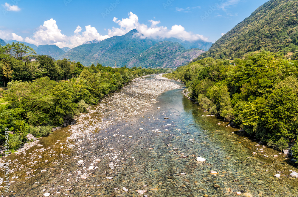 Fototapeta premium View of Maggia river, beginning of famous Maggia valley in canton Ticino of Switzerland