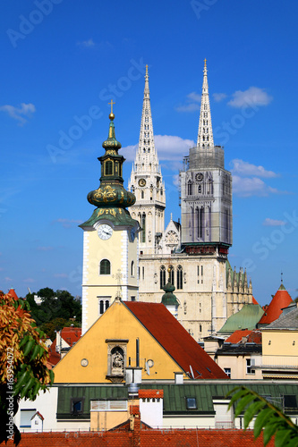 Zagreb skyline with Zagreb Cathedral and St. Mary Church. View from Strossmayer Promenade on Upper Town.