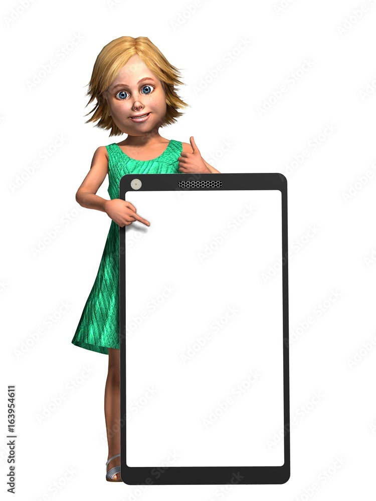 Little girl with a big empty mobile phone on a white background - 3d render Little girl with a big empty mobile phone on a white background - 3d render