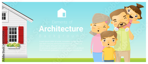 Happy family standing outside their house background , vector , illustration
