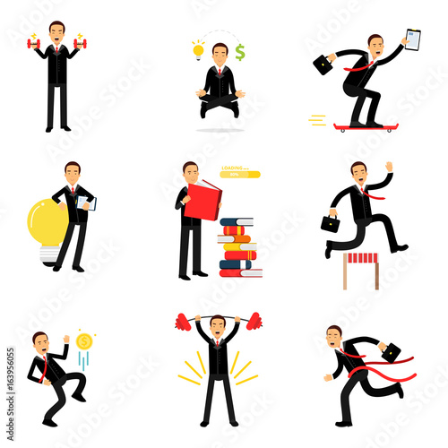 Daily routine of successful businessman set  businessman at work metaphor vector Illustrations