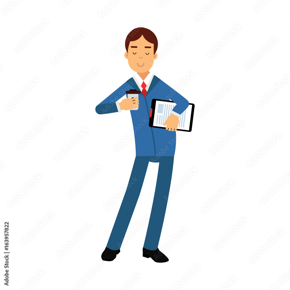 Businessman cartoon character in a blue suit standing and holding coffee cup and notepad vector Illustration Businessman cartoon character in a blue suit standing and holding coffee cup and notepad vector Illustration