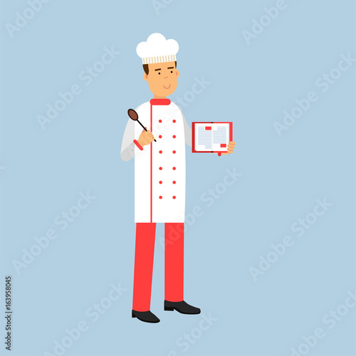 Male chef cook character in uniform standing and holding recipe book and spoon vector Illustration