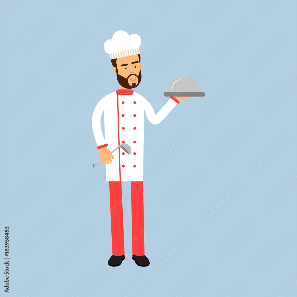 Male chef cook character in uniform holding platter cloche vector Illustration Male chef cook character in uniform holding platter cloche vector Illustration