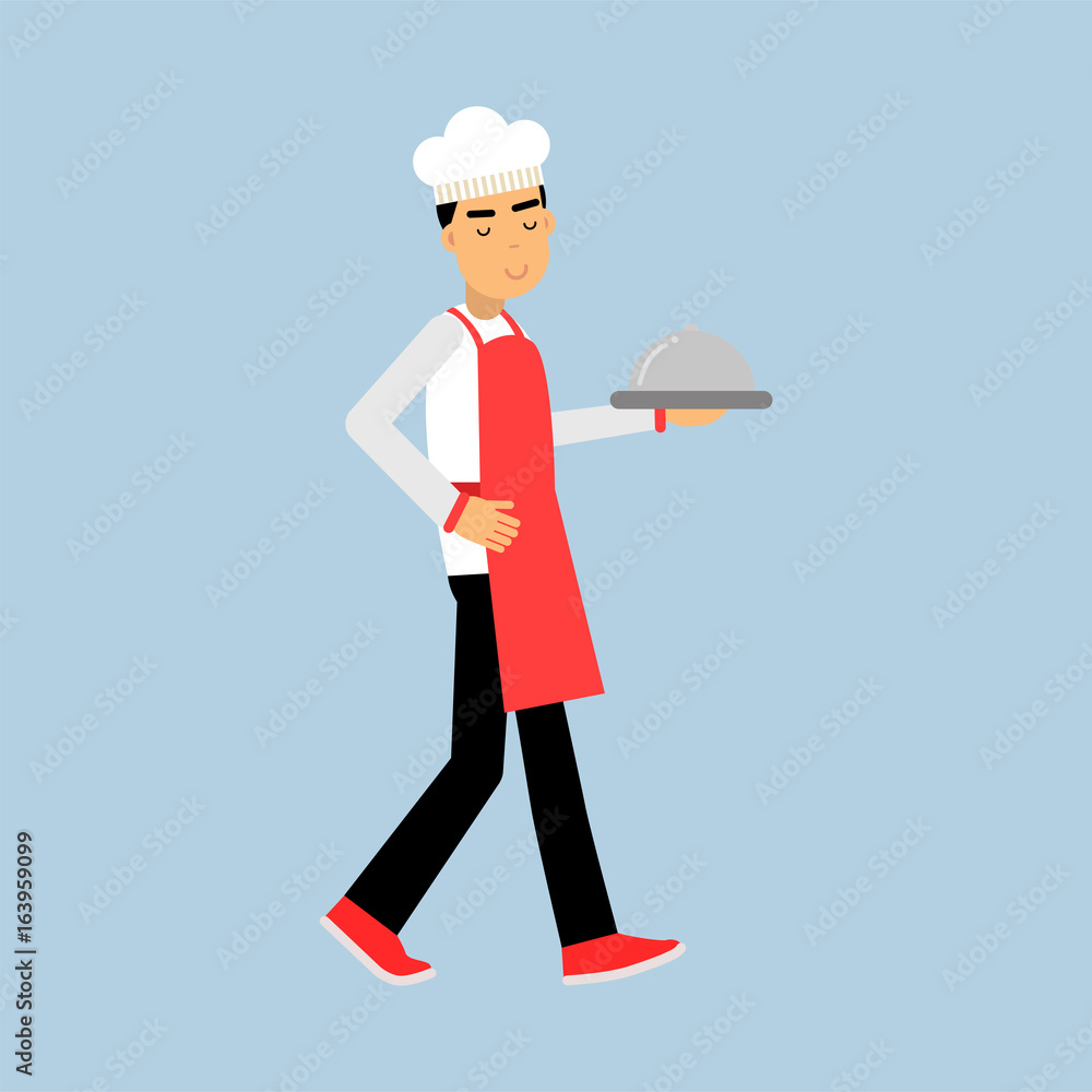 Male chef cook character in uniform walking with platter cloche vector Illustration Male chef cook character in uniform walking with platter cloche vector Illustration