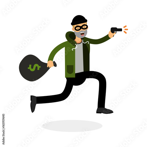 Thief in a mask running with a gun and money bag character vector Illustration