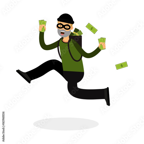 Thief in a mask character running with a backpack full of money vector Illustration