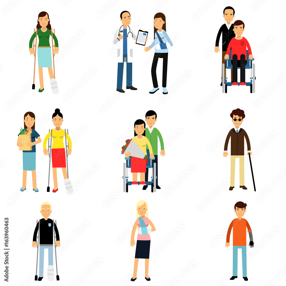 Disabled people characters, handicapped men and women getting medical treatment, health care assistance and accessibility vector Illustrations