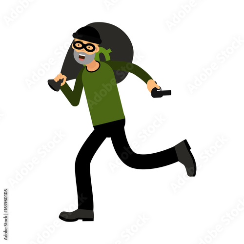 Professional masked robber character running with a gun and money bag vector Illustration