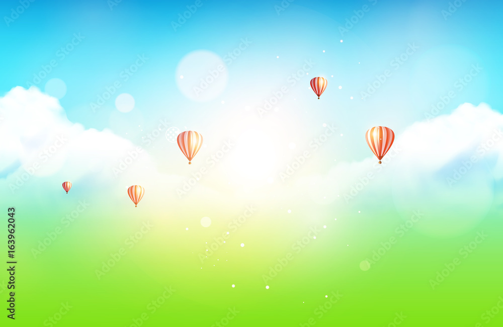 Vector Illustration - Bokeh Cloudy Sky Background / Wallpaper with Hot Air Balloons
