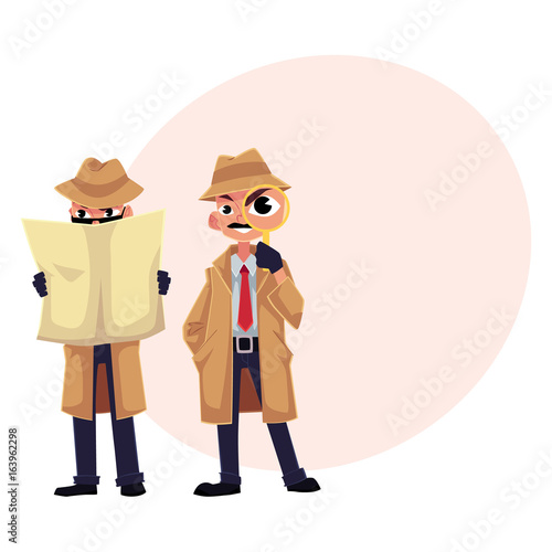 Detective character with magnifying glass, sleuthing, disguising, cartoon vector illustration with space for text. Funny detective character set