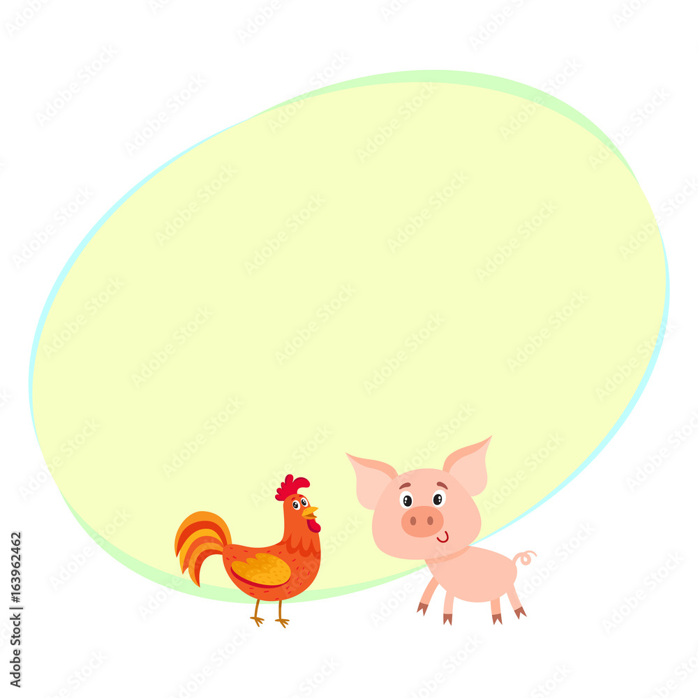 Fototapeta premium Poster, label, banner template with farm baby pig and red rooster, cartoon vector illustration. Cute and funny farm pig and rooster with friendly faces and big eyes with space for text.
