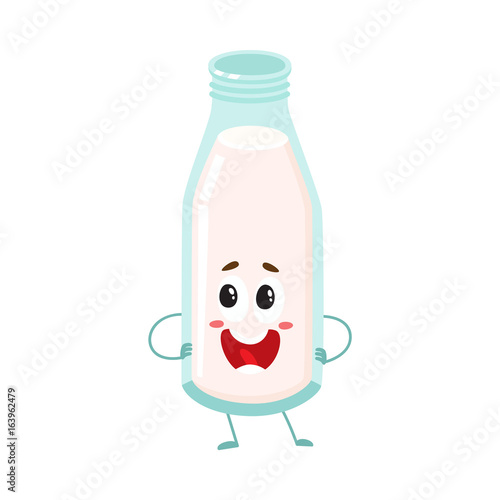 Funny full milk bottle character with smiling human face standing, cartoon vector illustration isolated on white background. Cute and funny milk bottle character, dairy product mascot