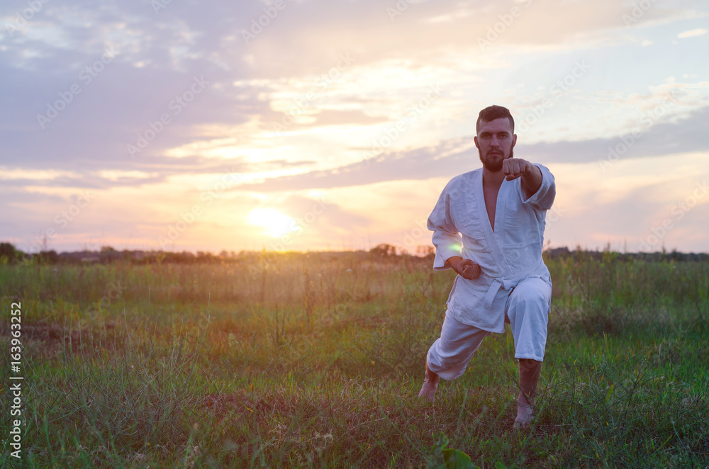 A man in a kimono trains karate at sunset, a copy of space. Beautiful landscape: field and sky with sunset.