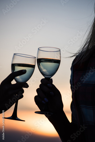 Two female friends clinking wine glasses during the sunset. Summer lifestyle concept. Glasses of wine in the hands of women.