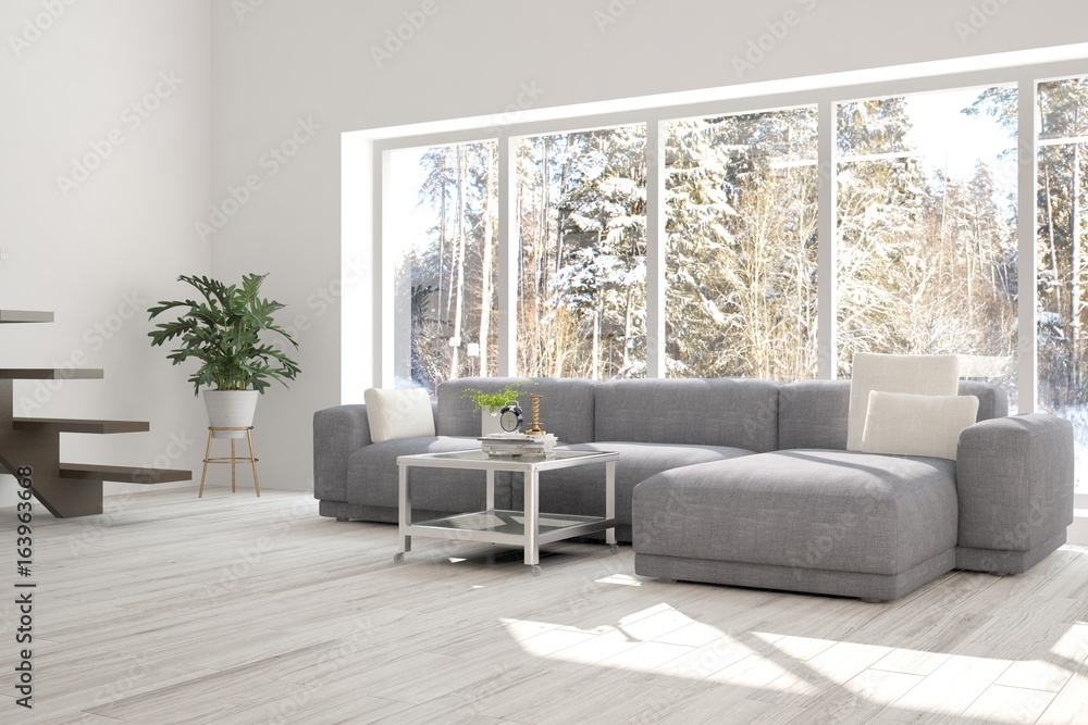 White idea of room with sofa and winter landscape in window. Scandinavian interior design. 3D illustration White idea of room with sofa and winter landscape in window. Scandinavian interior design. 3D illustration