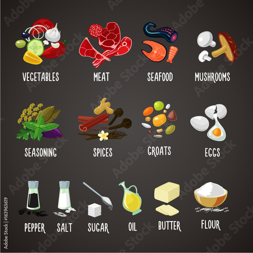 Cooking ingredients isolated colors icons set. Food. Meat and vegetables. Realistic vector illustration.