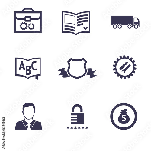 Icons of different companies with their specialization / Solid fill vector icons
