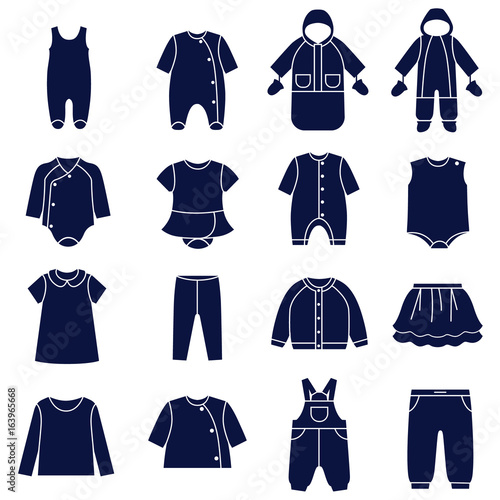 Icon set of types of clothes for babies / There are all season casual clothes for babies
