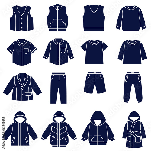 Icon set of types of clothes for boys and teenagers / There are all season casual clothes for boys and teenagers
