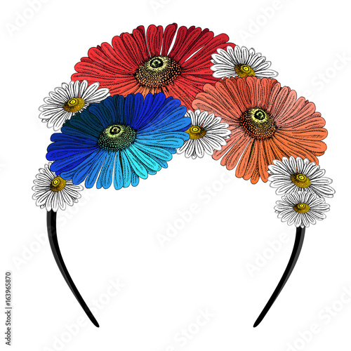 Headband decorated with colorful Gerbera and chamomile flowers. Vector illustration of hair accessory.