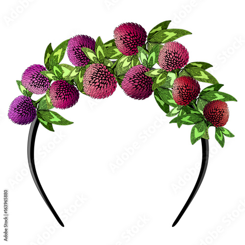 Headband decorated with colorful clover flowers. Vector illustration of hair accessory.