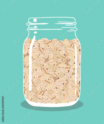 Oat flakes in glass vintage mason jar. Healthy natural breakfast. Portion of oats in a jar. Vector hand drawn illustration.