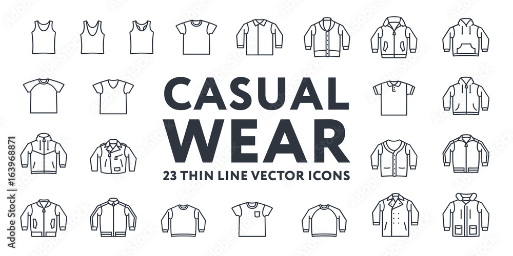 Thin Line Stroke Casual Sportswear Menswear Clothes Vector Icons Set:  T-shirt, Tank top, Polo, Sweater, Sweatshirt, Cardigan, Leather Jacket,  Bomber, Hoodie, Pea Coat. Stock Vector | Adobe Stock
