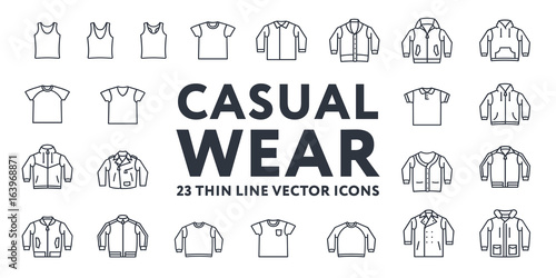Thin Line Stroke Casual Sportswear Menswear Clothes Vector Icons Set: T-shirt, Tank top, Polo, Sweater, Sweatshirt, Cardigan, Leather Jacket, Bomber, Hoodie, Pea Coat.