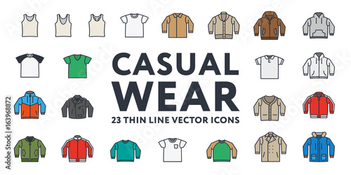 Thin Color Line Stroke Casual Sportswear Menswear Clothes Vector Icons Set: T-shirt, Tank top, Polo, Sweater, Sweatshirt, Cardigan, Leather Jacket, Bomber, Hoodie, Pea Coat.