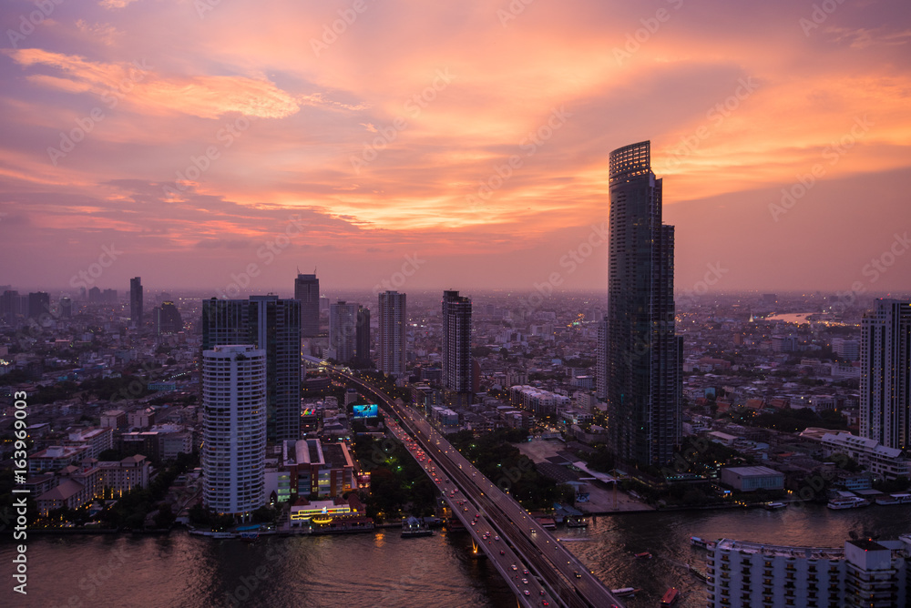 Cityscape around Chao Phraya river in Bangkok, Thailand.
