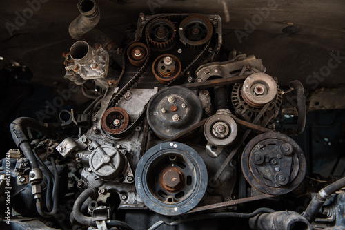 Old car engine in junkyard