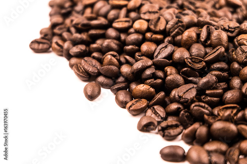 Roasted Coffee Beans background texture isolated on white background with copy space for text