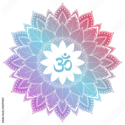 Aum Om Ohm symbol in decorative round mandala ornament.