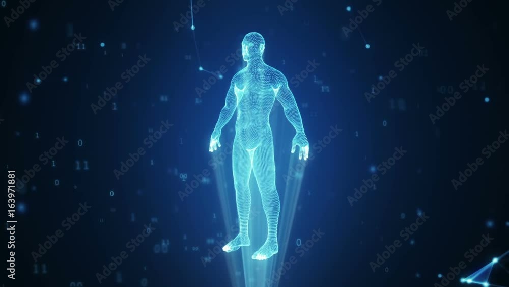 Human hologram from points and polygons in a cloud of binary code and connections