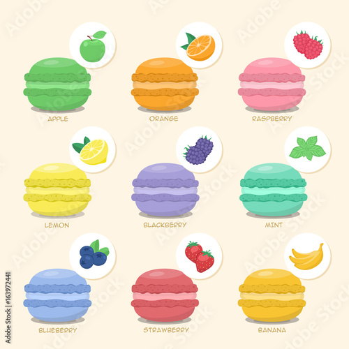 Set of macaroons with different tastes, flavors and fillings. Apple, orange, raspberry, lemon, blackberry, mint blueberry strawberry banana