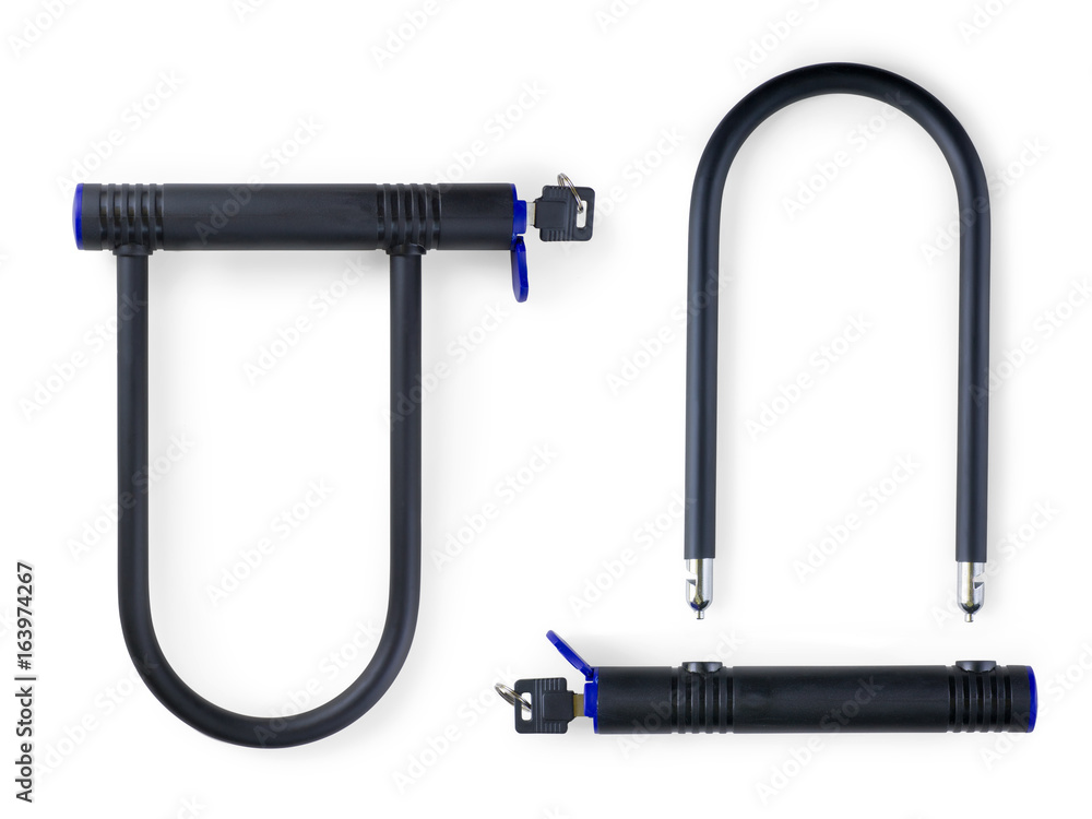 Black bike u lock, open and locked views