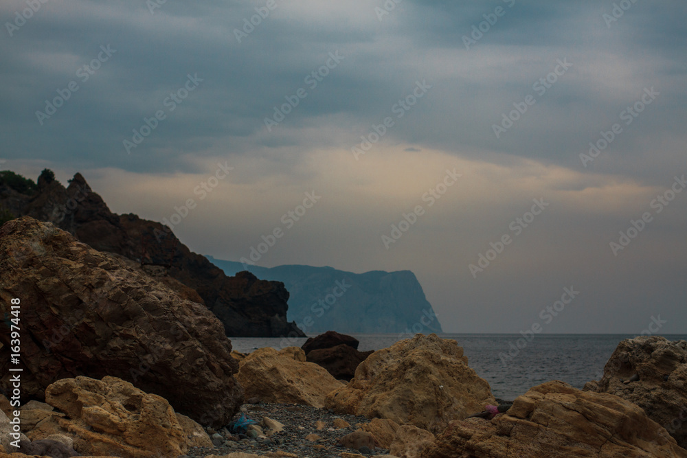 Landscape of the mounting shore, beautiful seascape, selective focus