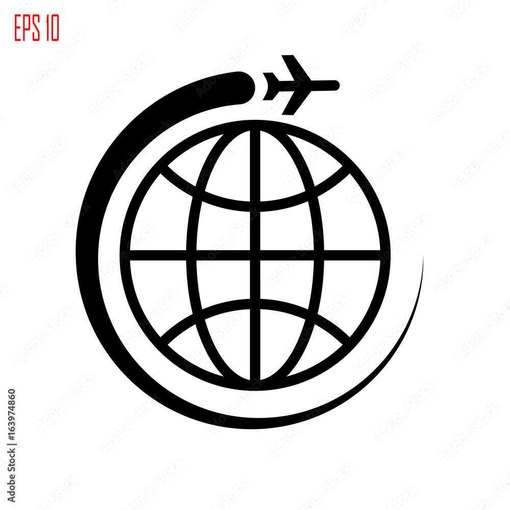 Obraz premium The plane flies around the earth icon