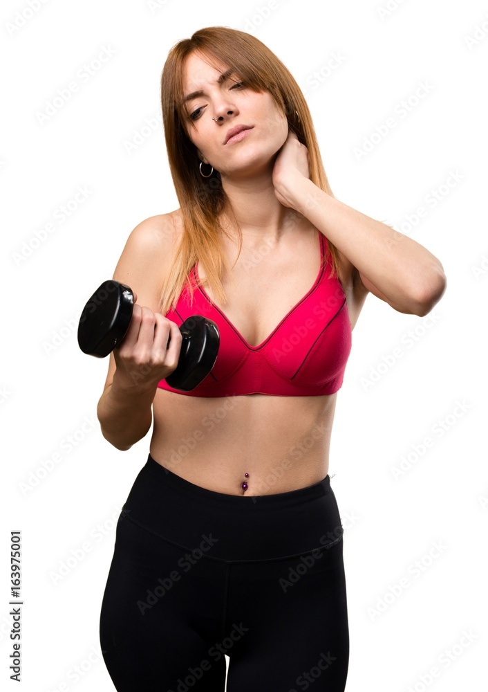 Beautiful sport woman with dumbbells with neck pain Beautiful sport woman with dumbbells with neck pain