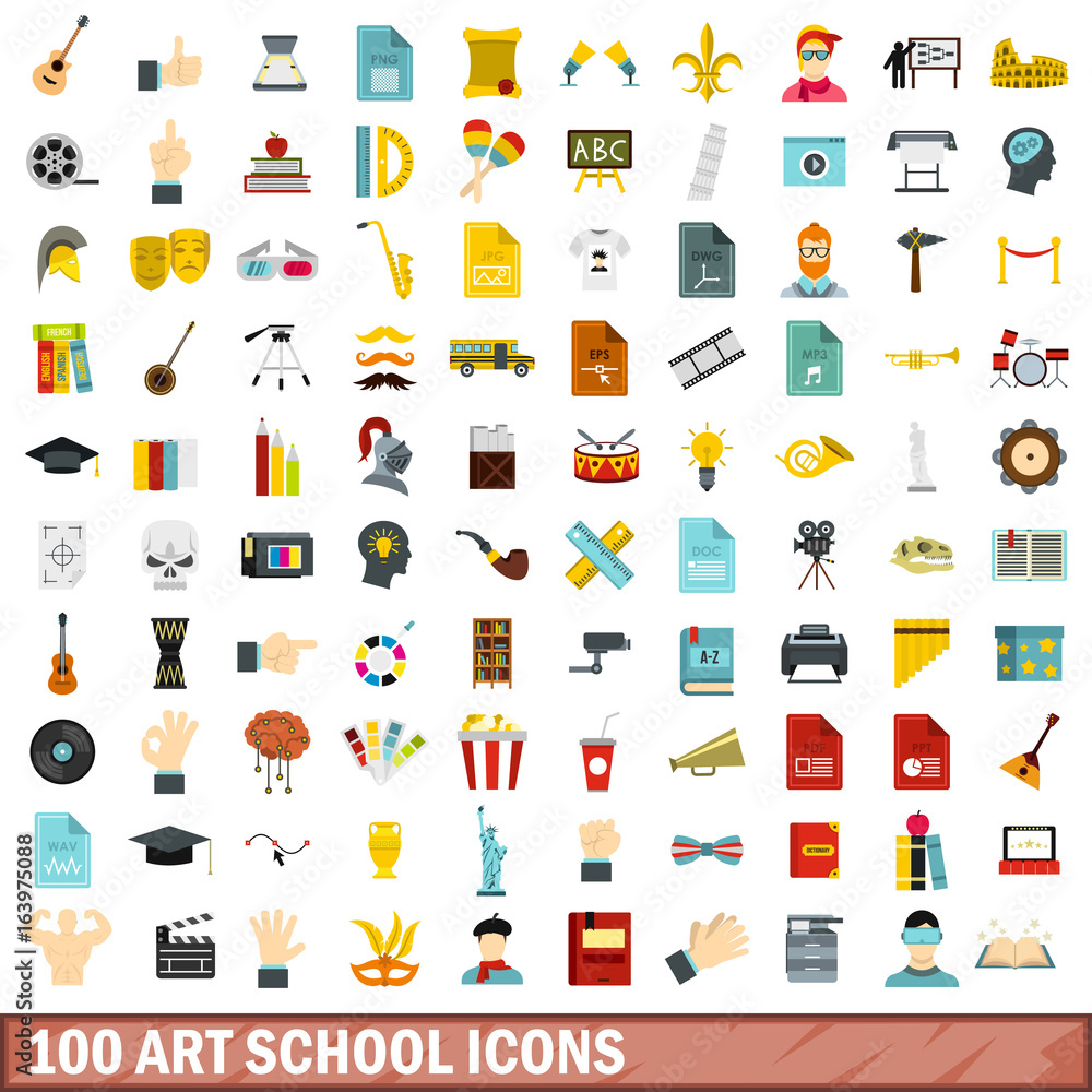 100 art school icons set, flat style 100 art school icons set, flat style