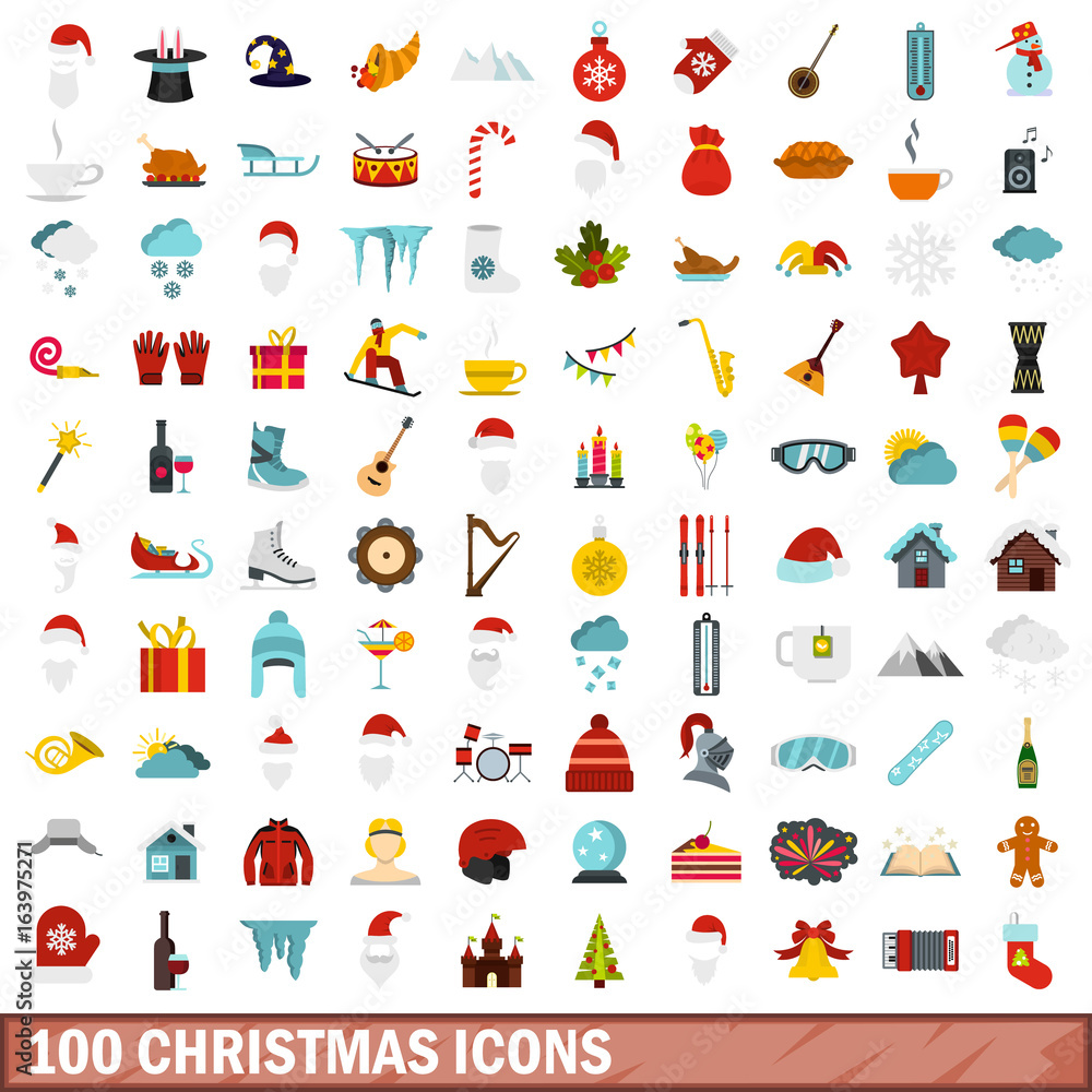 100 christmas icons set, flat style 100 christmas icons set, flat style
