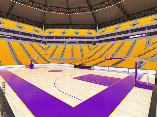 Large modern basketball arena with yellow seats
